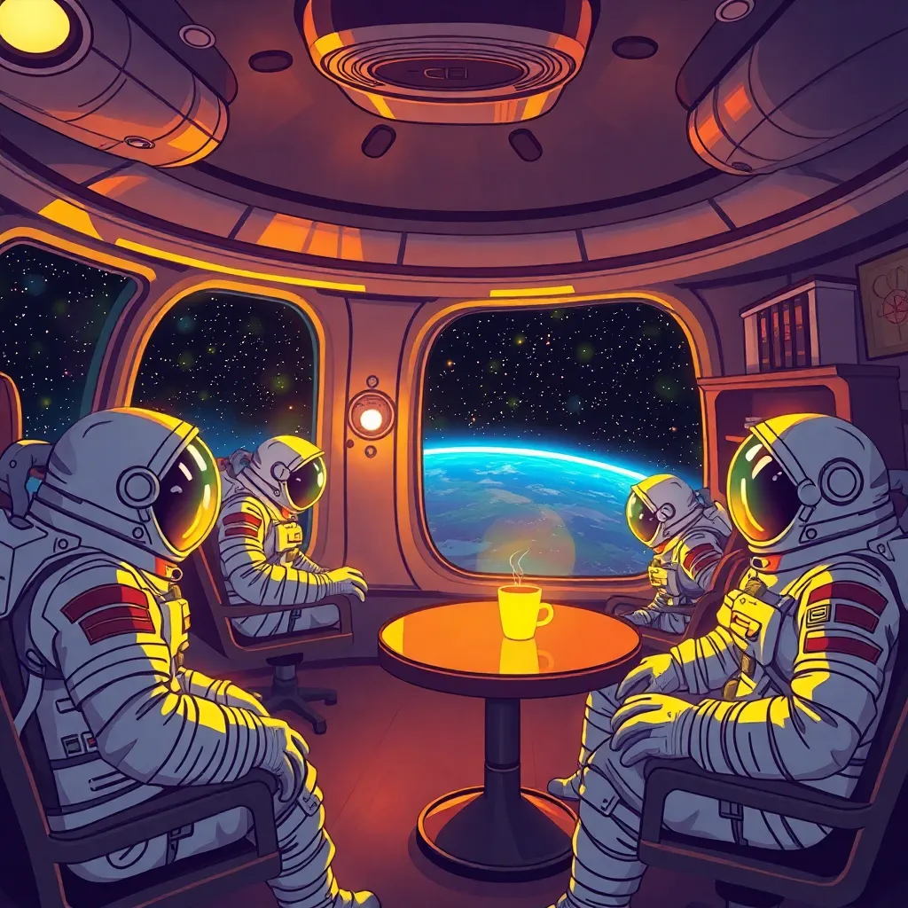 Two astronauts sitting at a table inside a spaceship, looking out at Earth through the window.