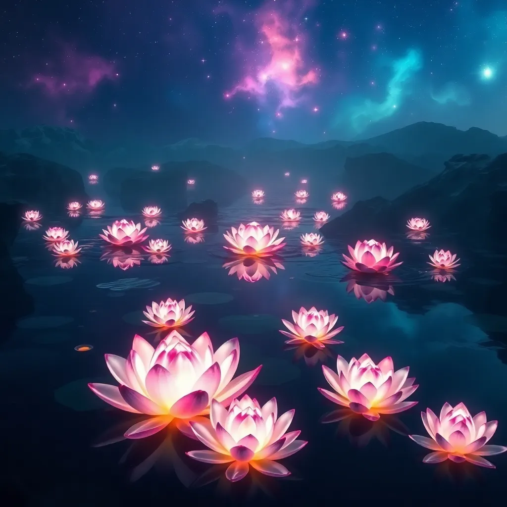 A serene landscape with a calm lake reflecting a vibrant nebula and numerous glowing pink lotuses.