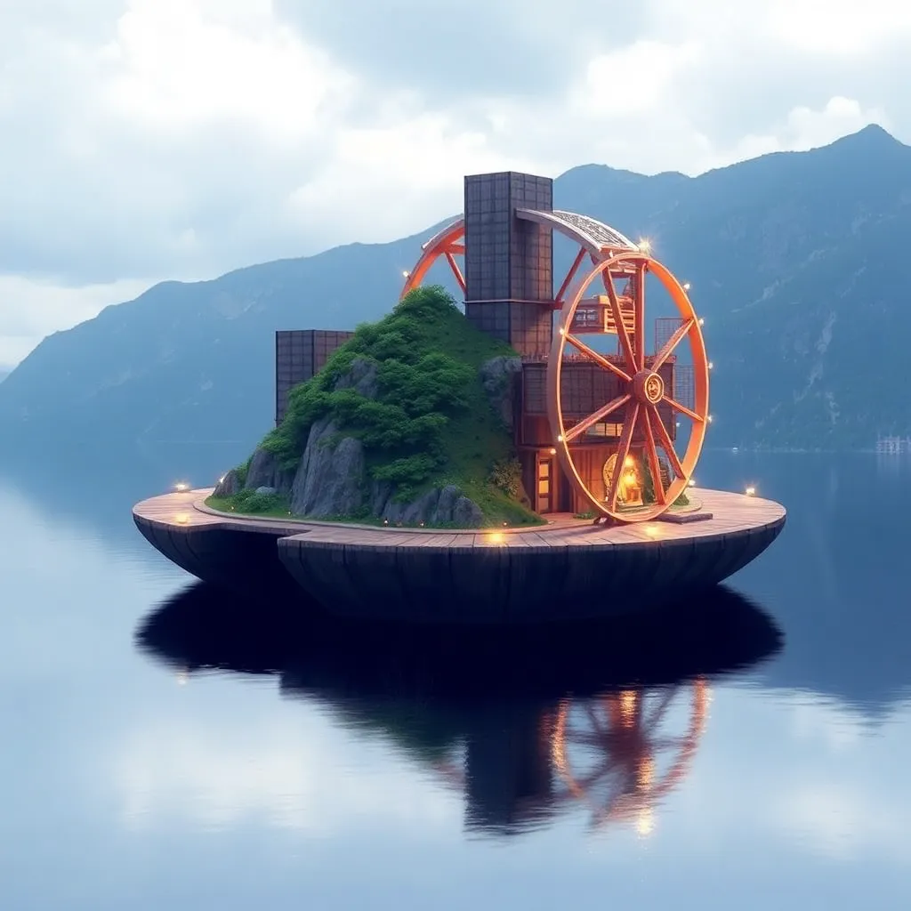 A small island with a colorful, castle-like structure floats in the middle of a calm blue lake, reflecting in the water.