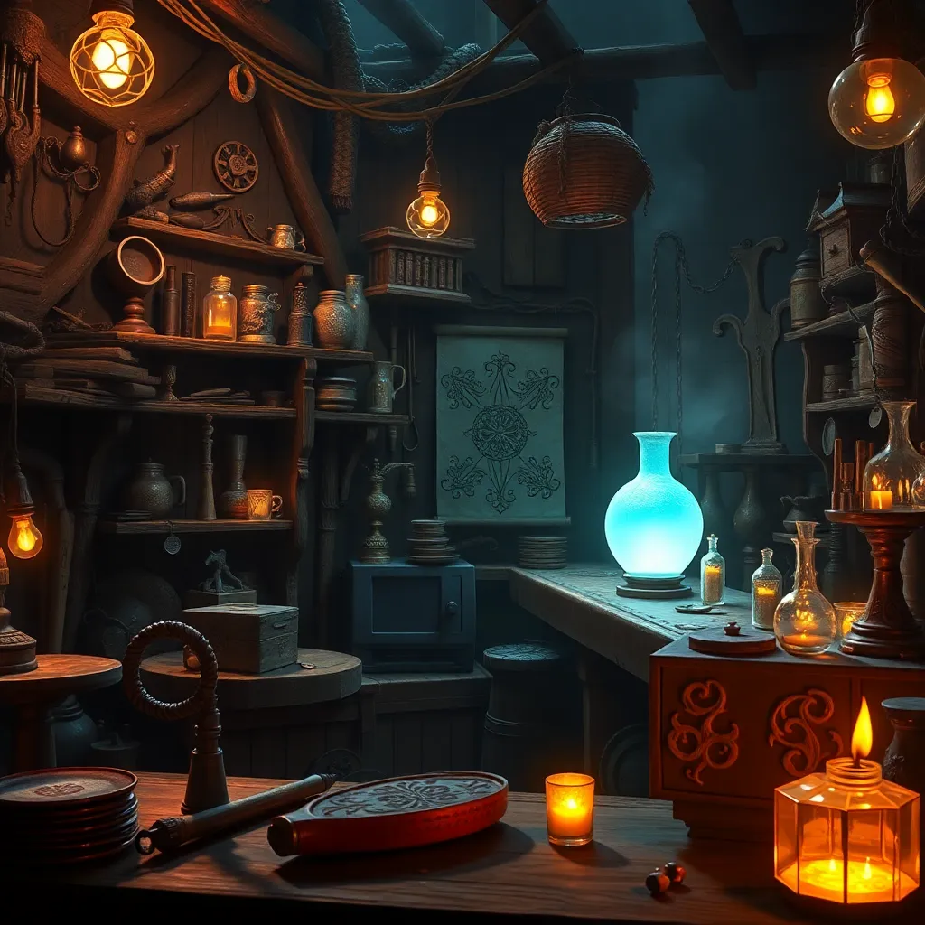 A cluttered yet cozy room filled with books, jars, candles, and a glowing blue orb on a table.