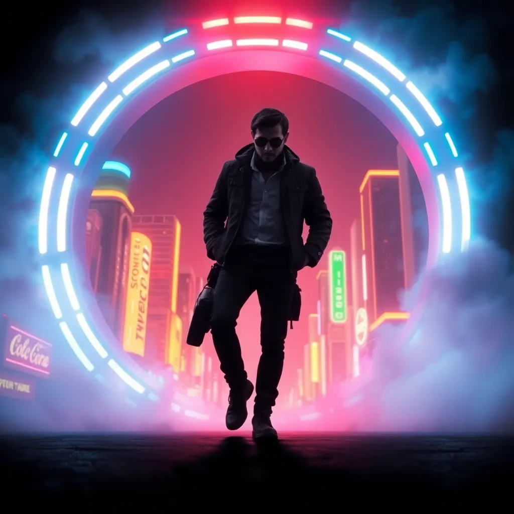 A person silhouetted against a bright, circular portal with a neon blue and red glow, standing in a dark setting.