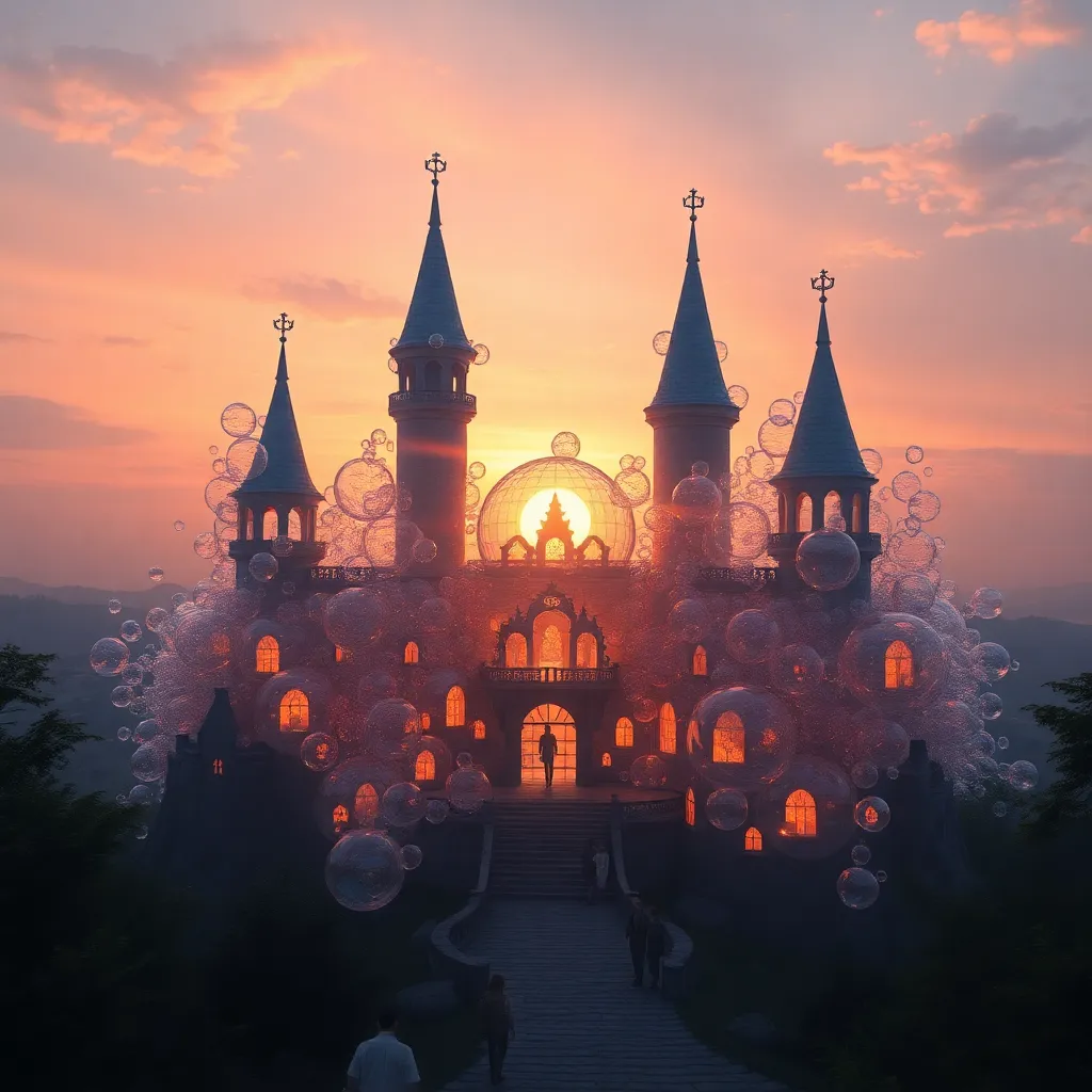 A large, ornate castle with tall spires and glowing windows, silhouetted against a dramatic sunset sky.