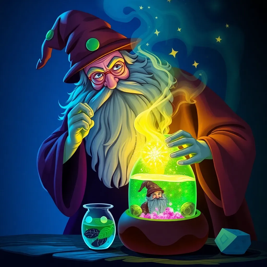 A wizard with a long white beard and a red hat sits at a table, holding a glowing orb and surrounded by magical effects.