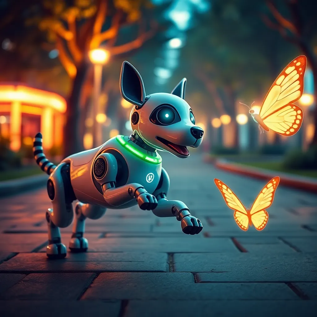 A robot dog with a glowing green collar walks along a city street at night, with a butterfly fluttering nearby.