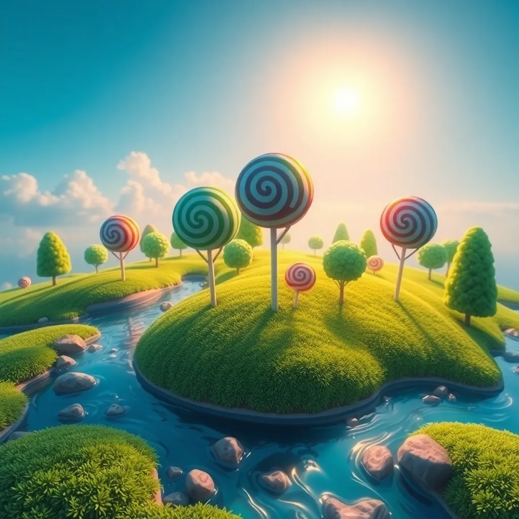 A whimsical landscape with rolling green hills, lollipop-shaped trees, and a bright sun in a blue sky.