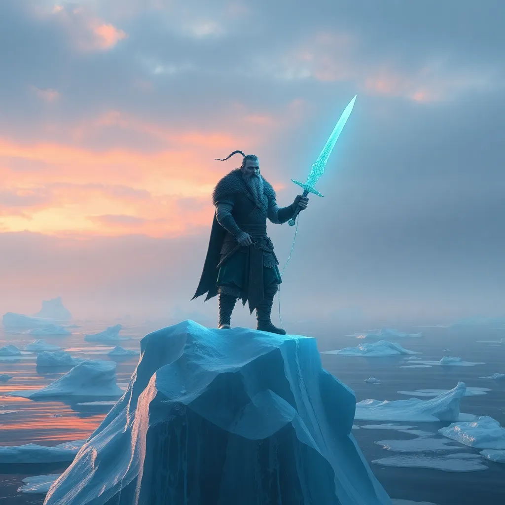 A lone figure in a dark cloak stands on a tall, icy peak, holding a glowing blue sword against a dramatic sky.