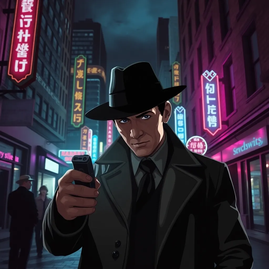 A man in a black coat and hat stands on a city street, looking at a phone, with tall buildings and signs in the background.