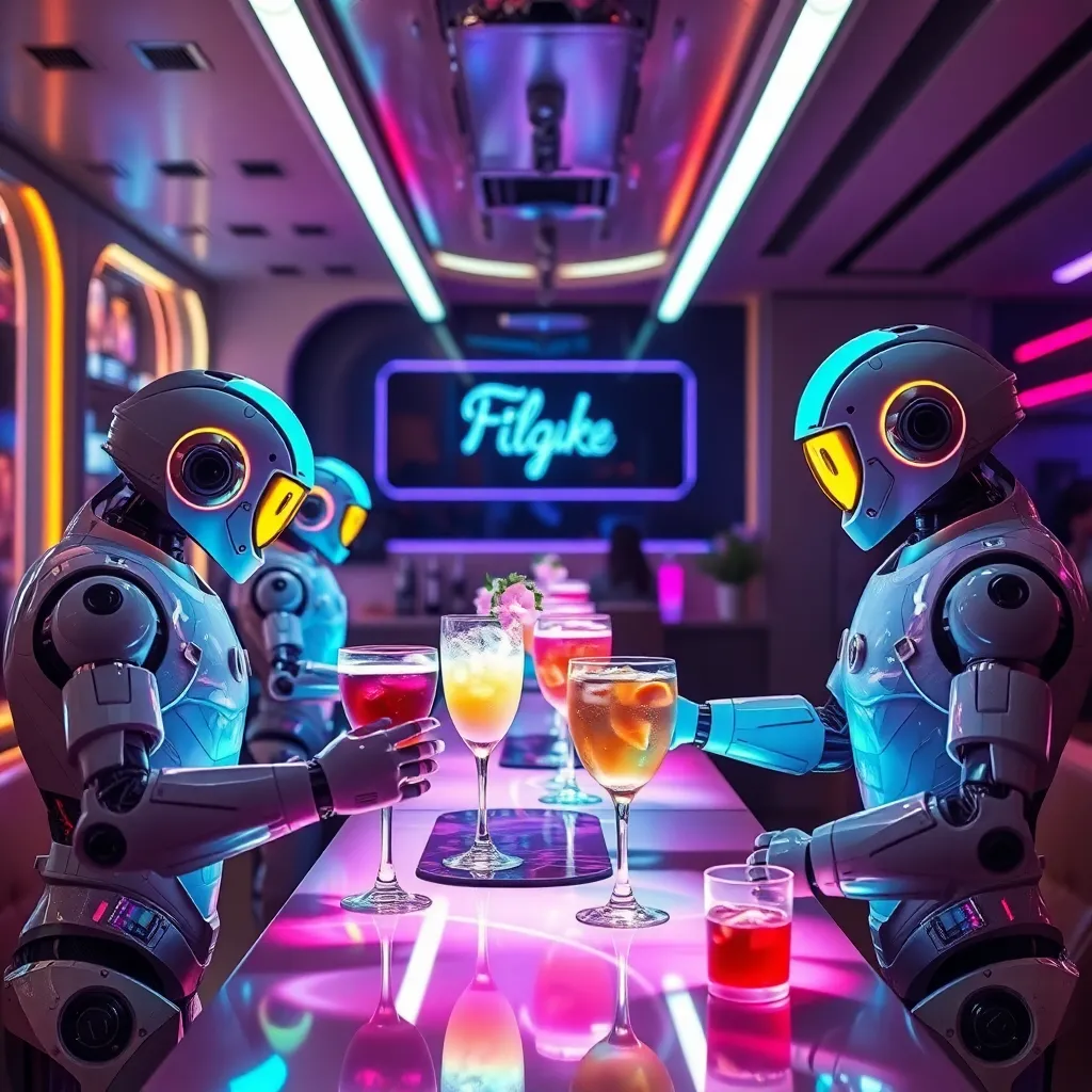 Two robots sit at a bar, drinking and talking, with neon signs and lights reflecting in the background.