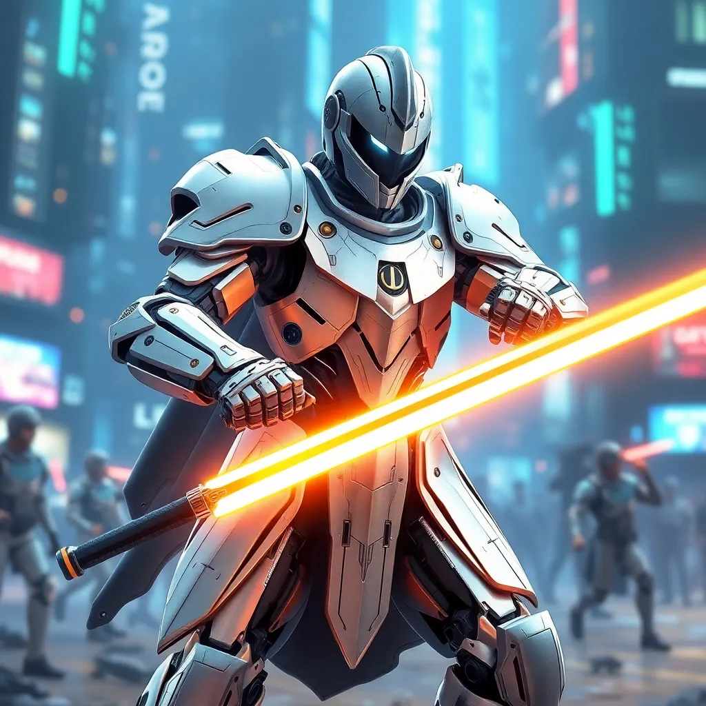 A futuristic soldier in white armor, holding a glowing orange sword, stands in a busy, neon-lit urban setting.