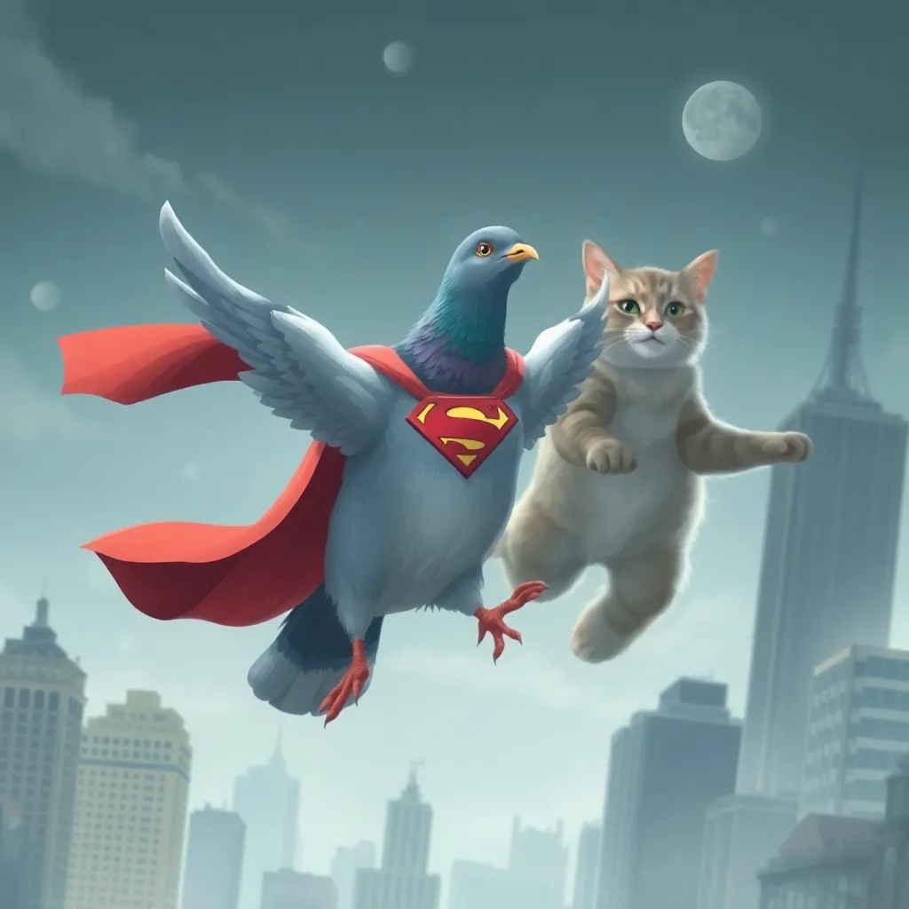 Two cats wearing superhero capes fly over a cityscape with a full moon in the background.