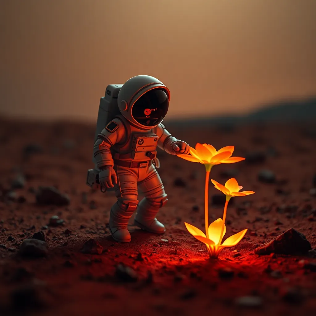 An astronaut standing on a rocky, red planet, holding a glowing plant with a fiery core.