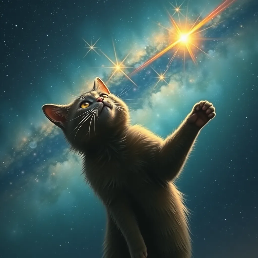 A cat silhouetted against a vibrant, starry nebula, reaching a paw towards a bright shooting star.