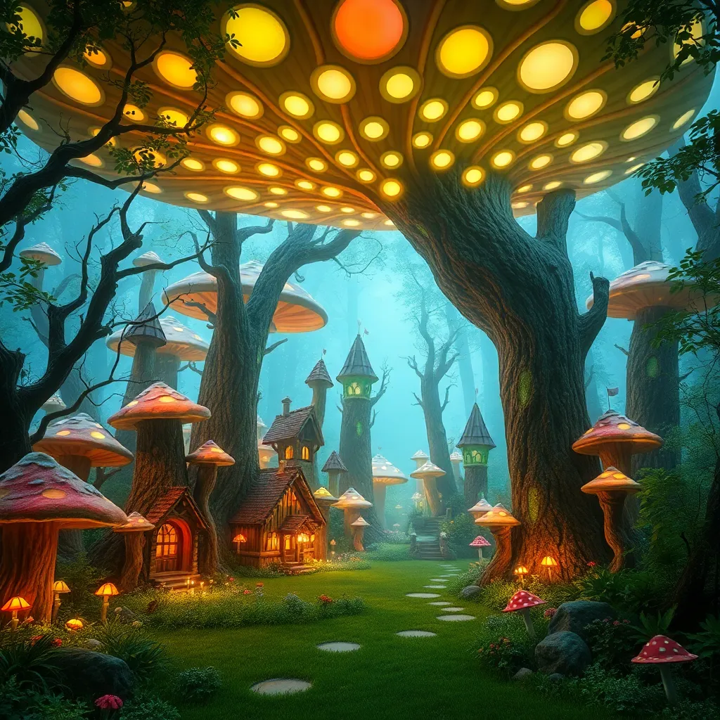 A glowing treehouse with orbs in a fantastical forest.