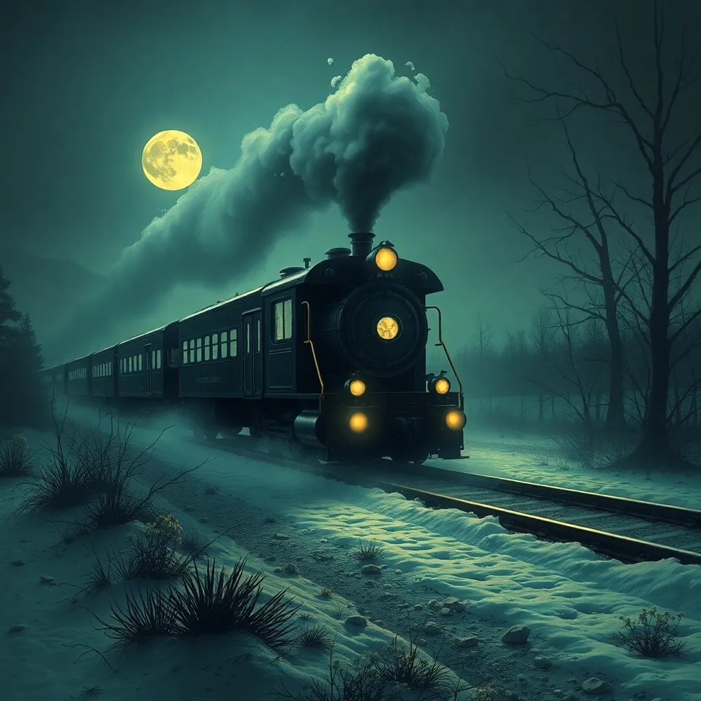 Train passing through a dark, surreal landscape at night.