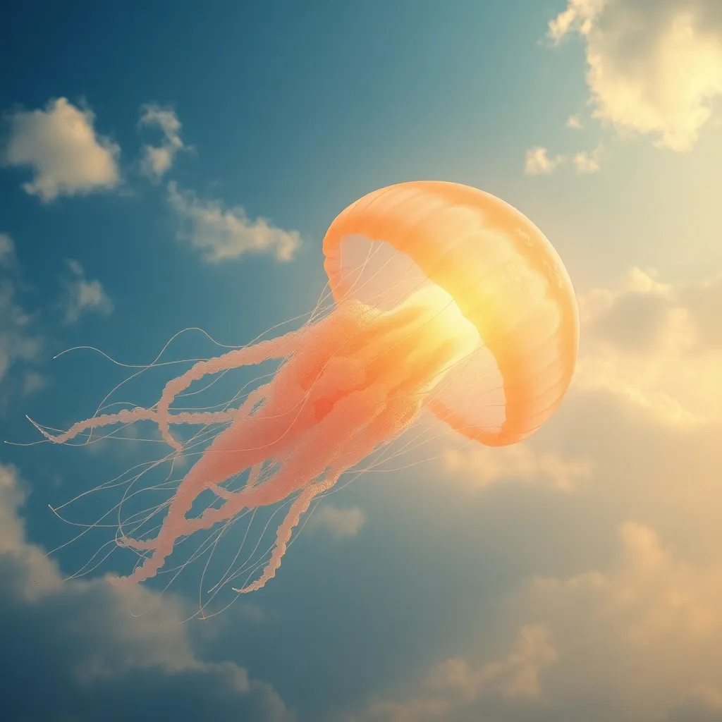 Orange jellyfish floating in a blue sky with white clouds.