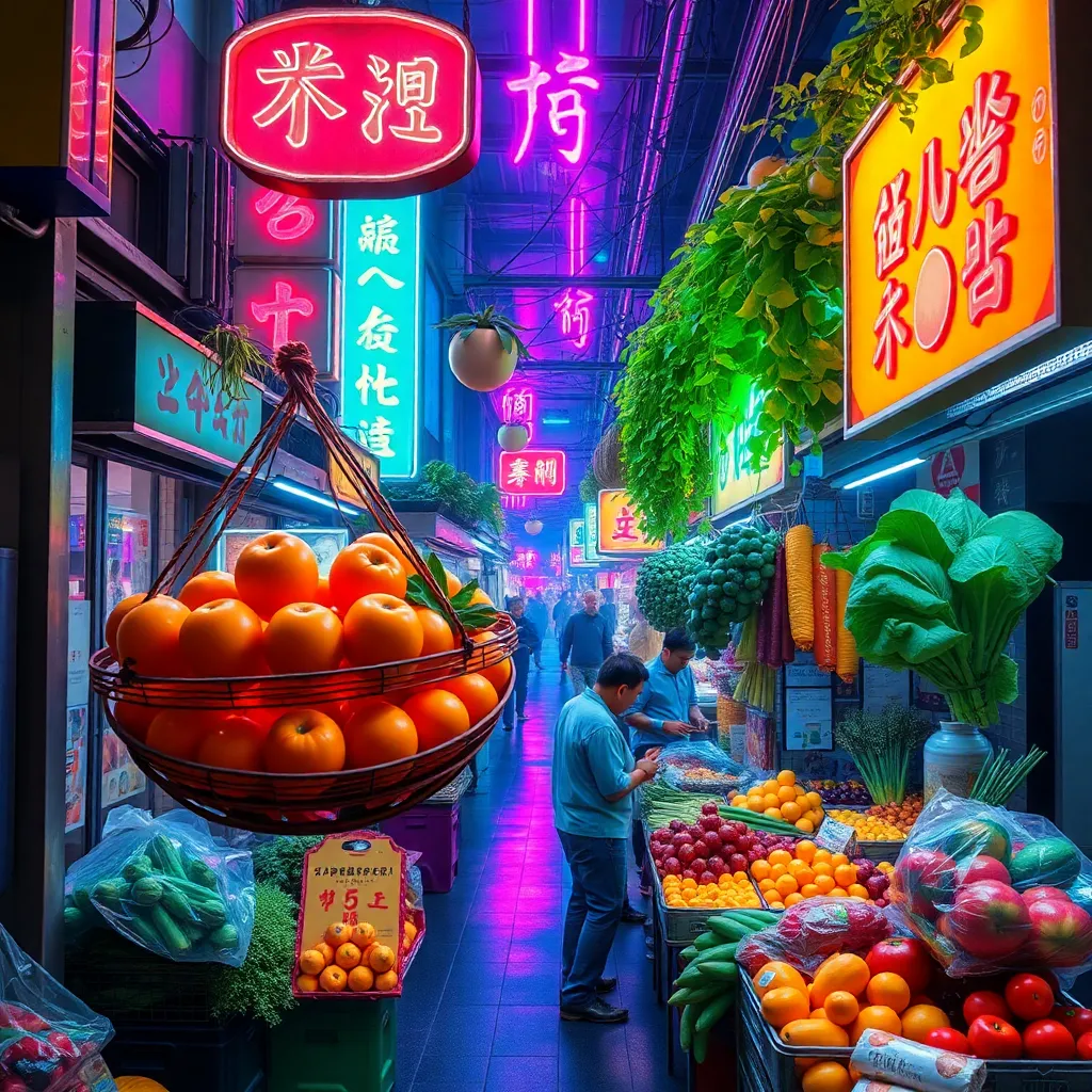 A vibrant, neon-lit street scene with Asian characters and a large, spiky orange fruit in the foreground.