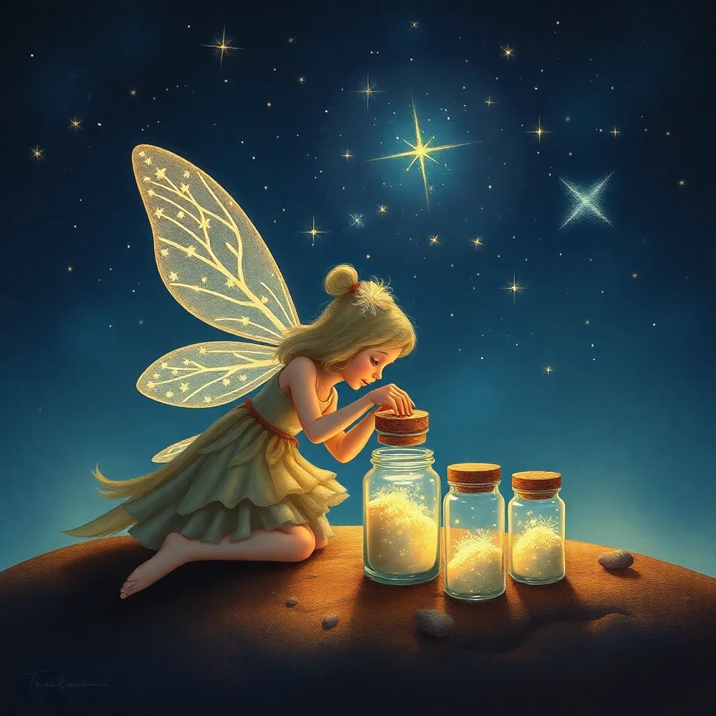 Fairy kneeling on the ground with several glowing jars and stars in the background.