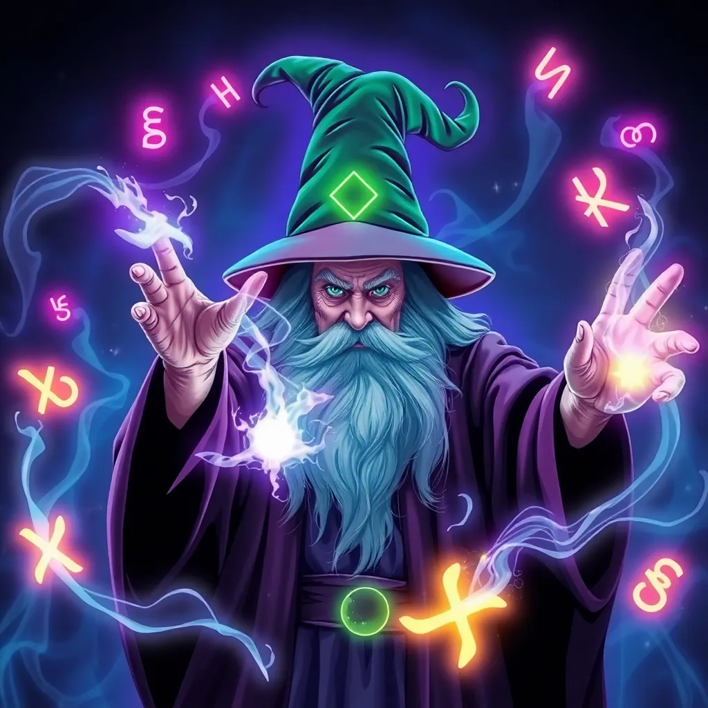 Wizard with a green hat casting magic with glowing hands and purple lightning.