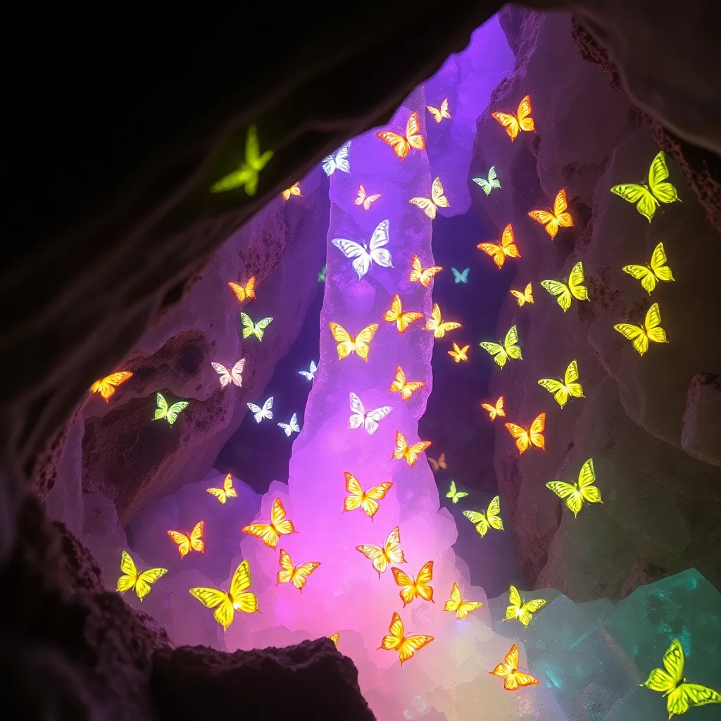 Yellow butterflies flying in a purple cave with glowing light.