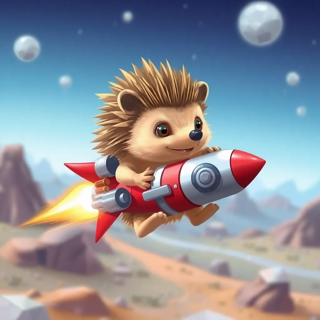 Hedgehog riding a red rocket with flames in a blue sky.