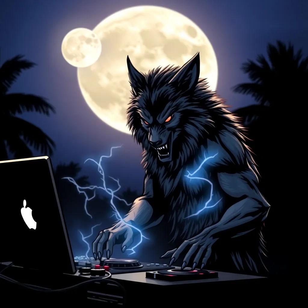 Werewolf with glowing eyes DJing at a station with a large moon in the background.