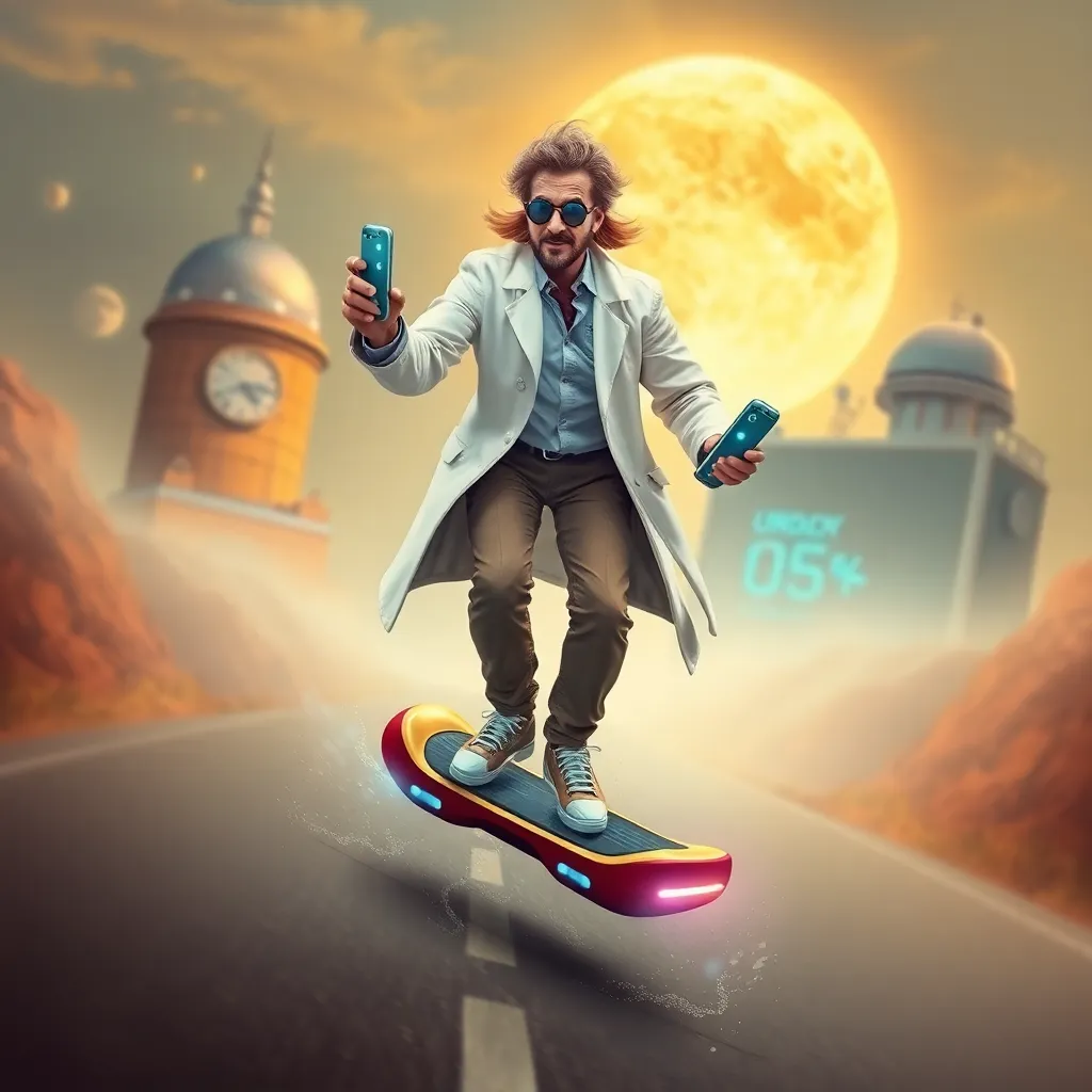 Scientist in a lab coat skateboarding with beakers, a large moon in the background.