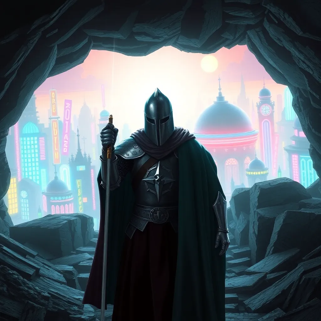 Figure in dark robes standing in a cave with a glowing light.