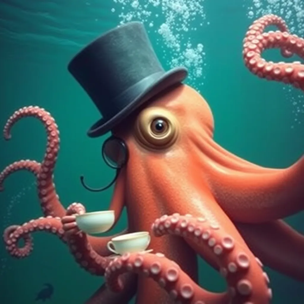 Orange octopus wearing a top hat and holding teacups underwater.