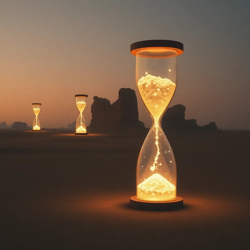 Several glowing hourglasses standing in a line in a dark landscape.