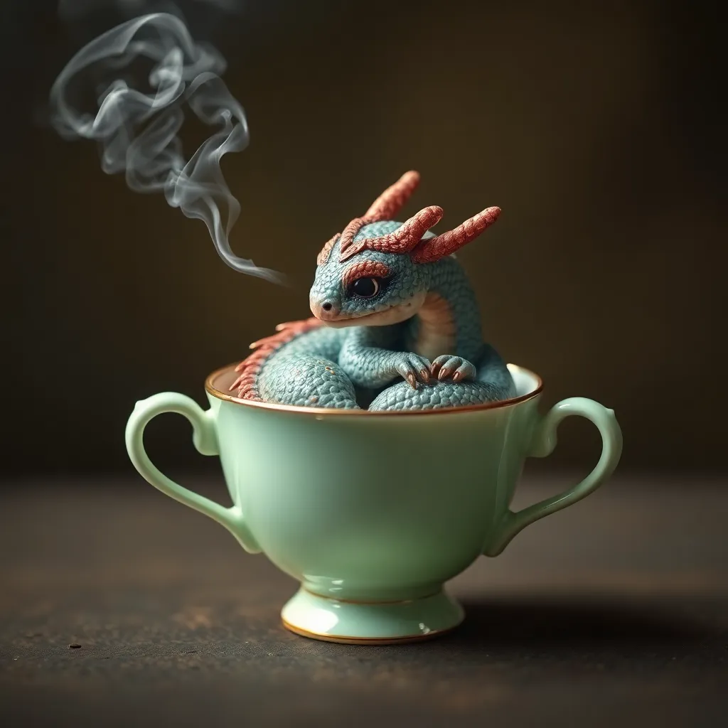 A small, dragon-like creature with smoke coming out of its nostrils sits in a teacup.