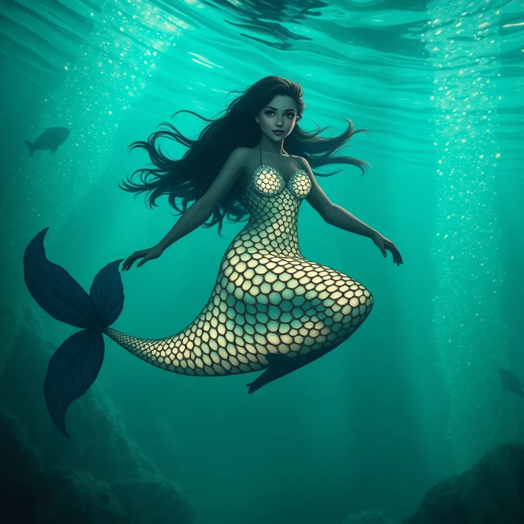 Mermaid with a golden tail swimming in blue water.