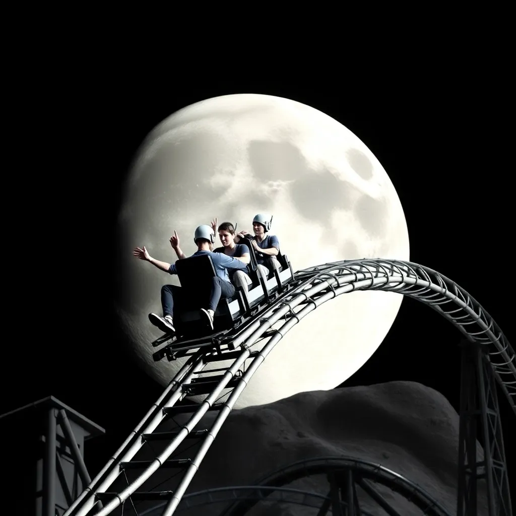 Rollercoaster track curving around a large white moon with riders.