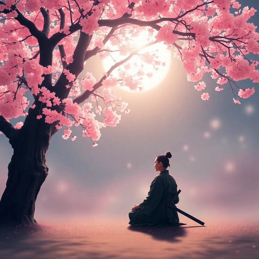 Figure sitting under a cherry blossom tree with a glowing light behind it.