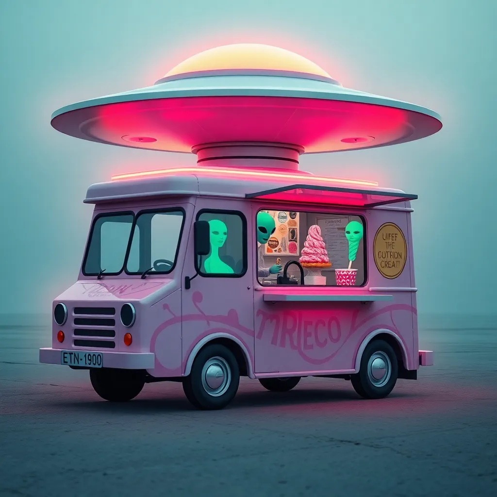 Pink ice cream truck with a UFO on top.