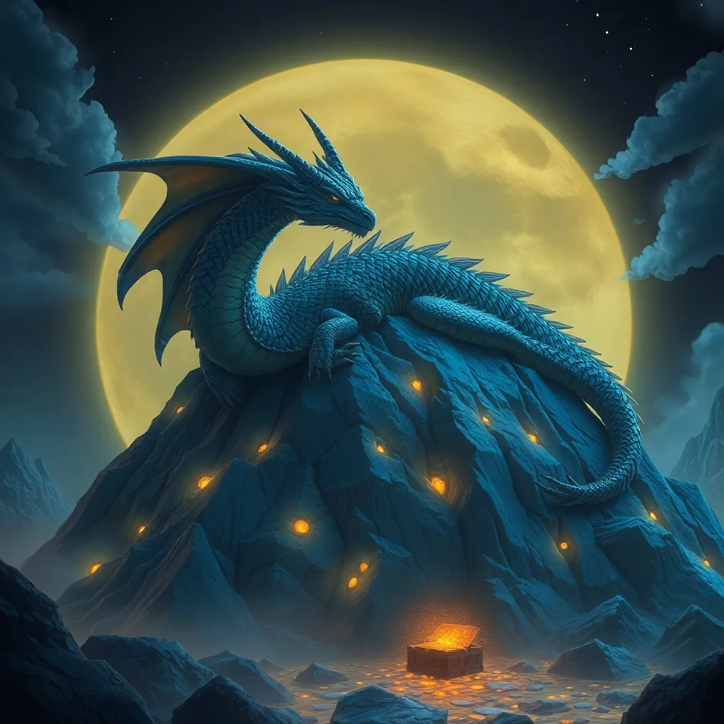 Blue dragon with glowing eyes in front of a large moon.