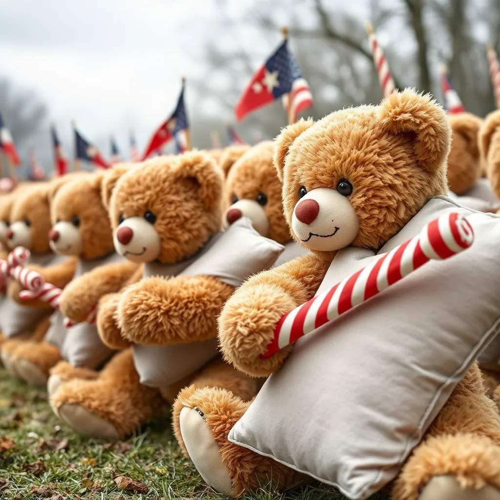 Row of teddy bears holding candy canes in an outdoor setting.