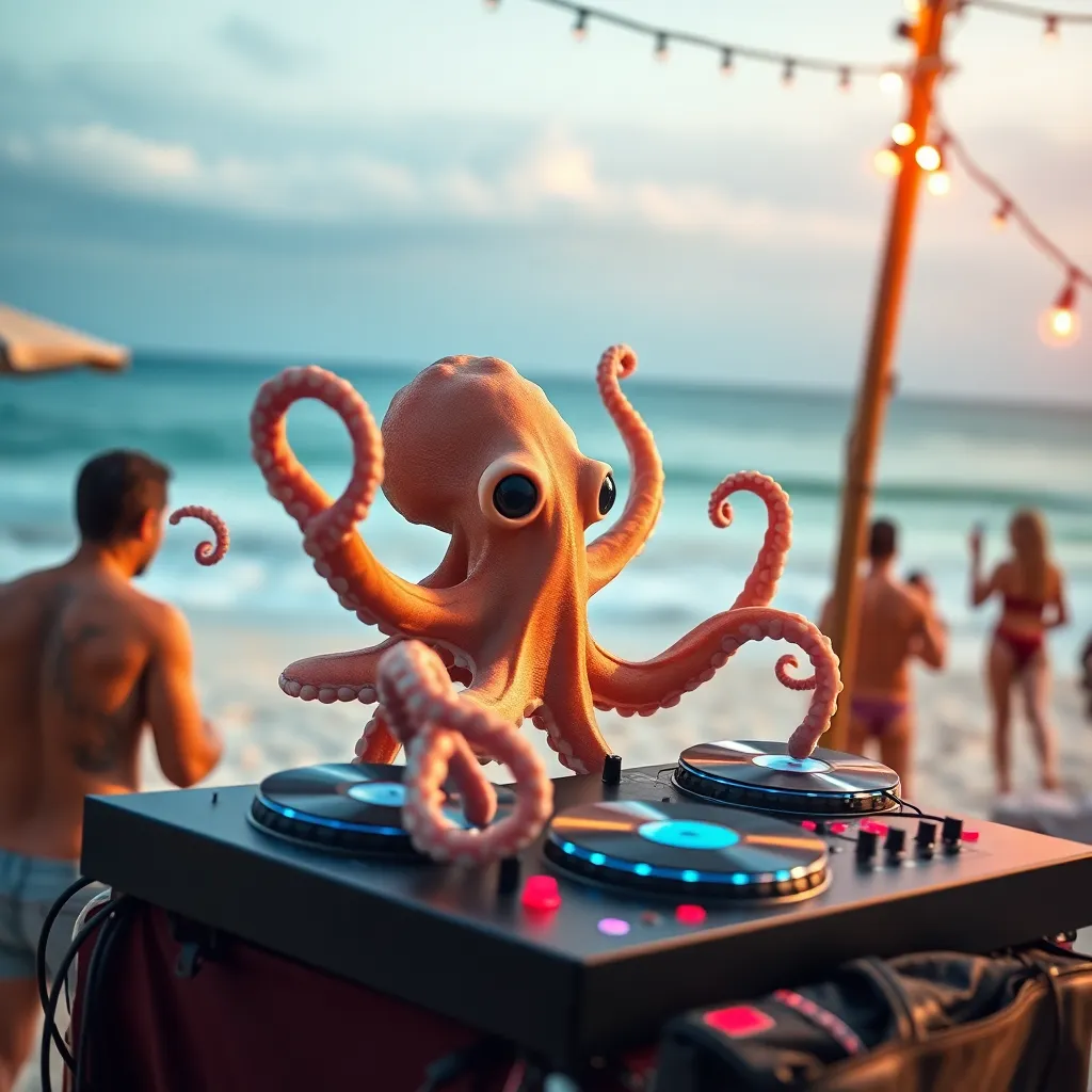 Octopus with headphones DJing on a beach with people in the background.