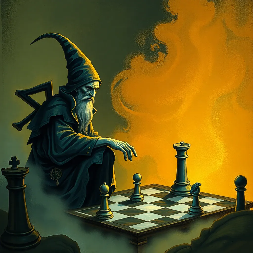 Wizard in a dark robe playing chess on a glowing board.