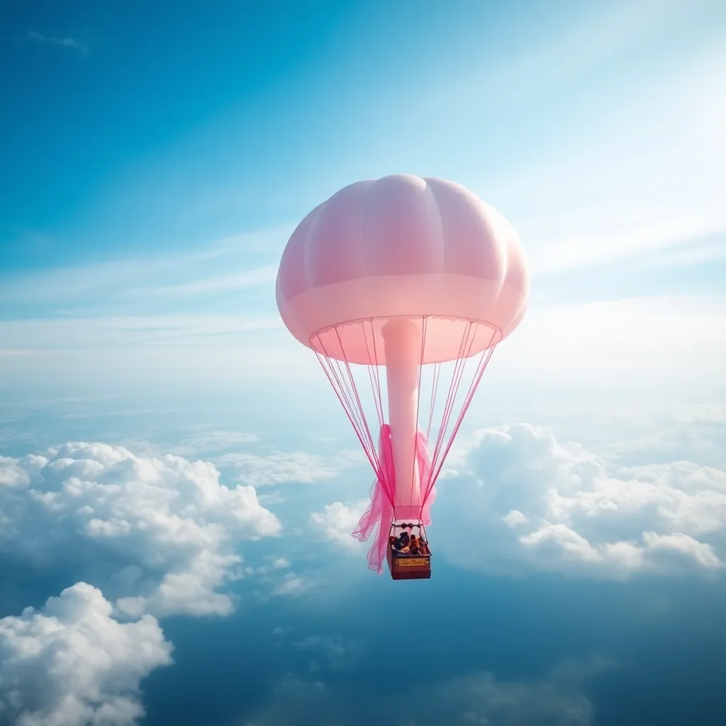 Pink hot air balloon floating in a blue sky with white clouds.