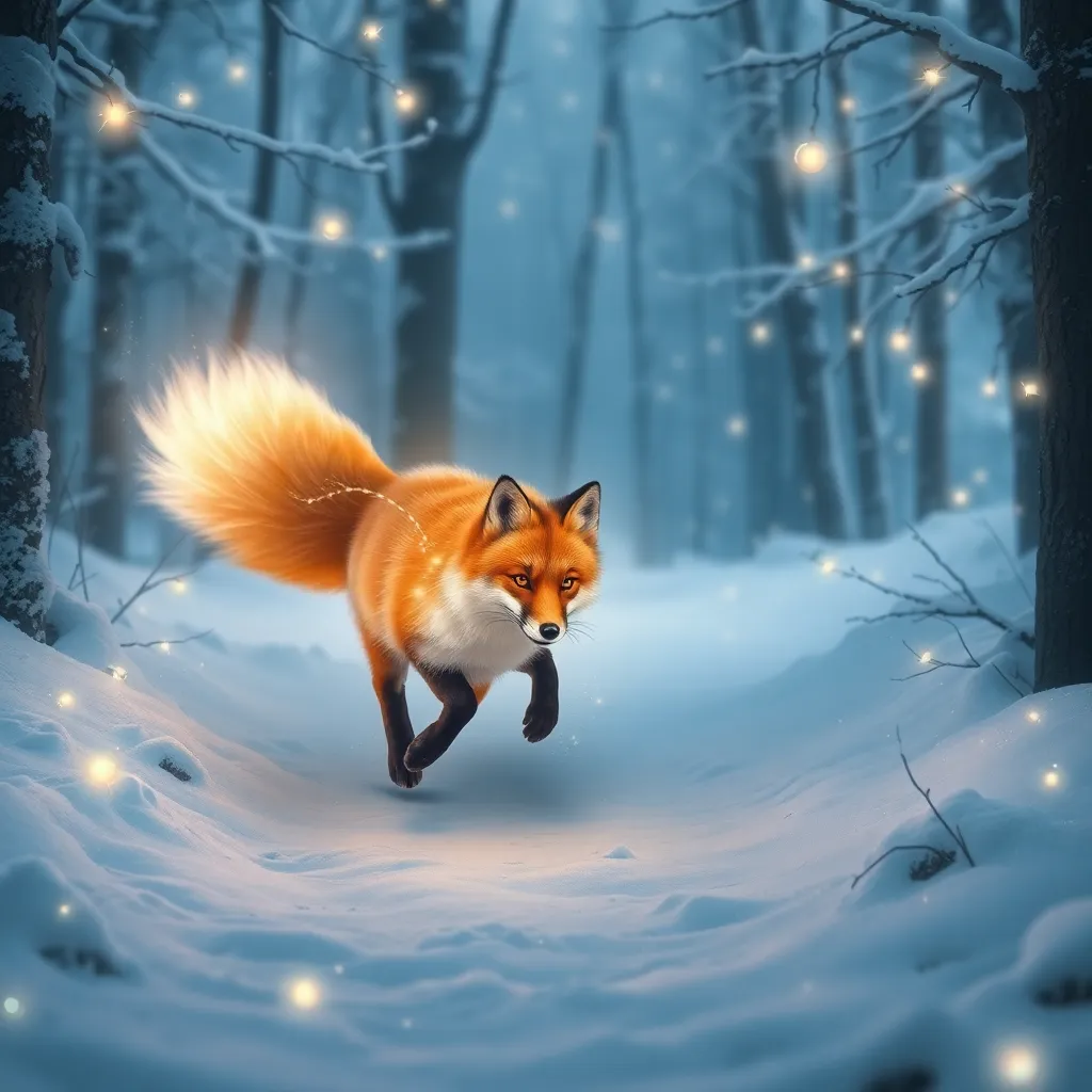 A red fox with a white-tipped tail runs through a snowy forest with glowing lights in the background.