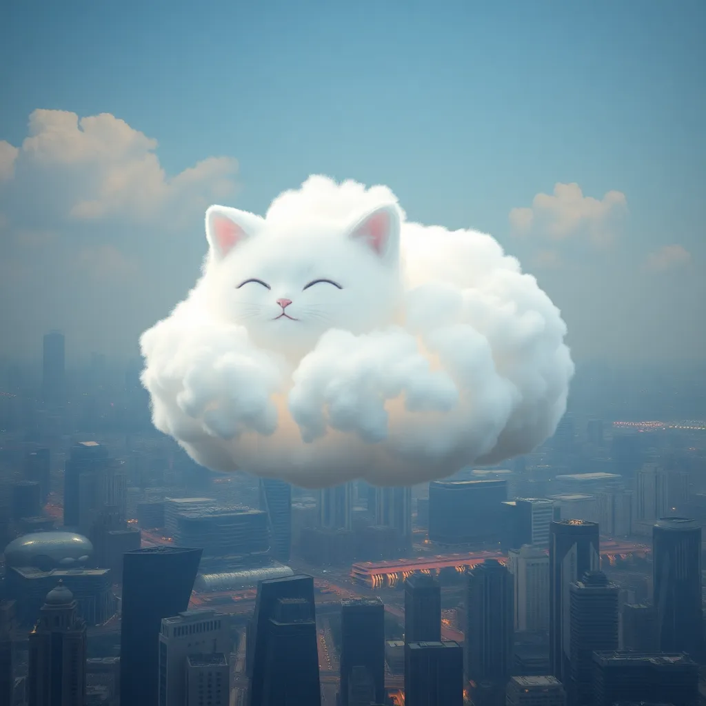 A fluffy white cat shaped like a cloud floats above a cityscape with tall buildings.