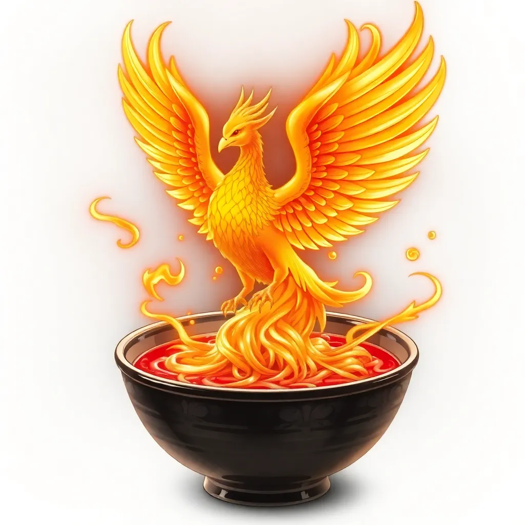 Orange phoenix bird rising from a bowl of fire.