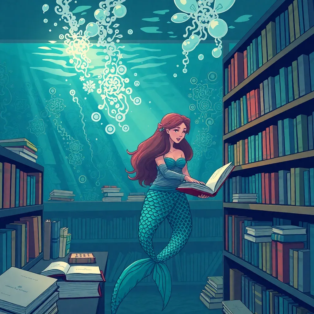 Mermaid reading a book in an underwater library with bookshelves.