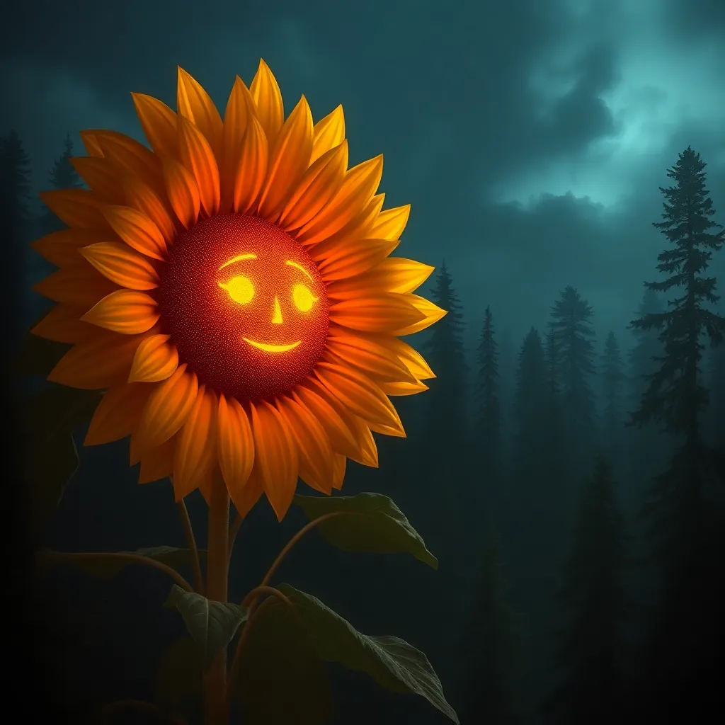 Sunflower with a glowing face in a dark forest at night.