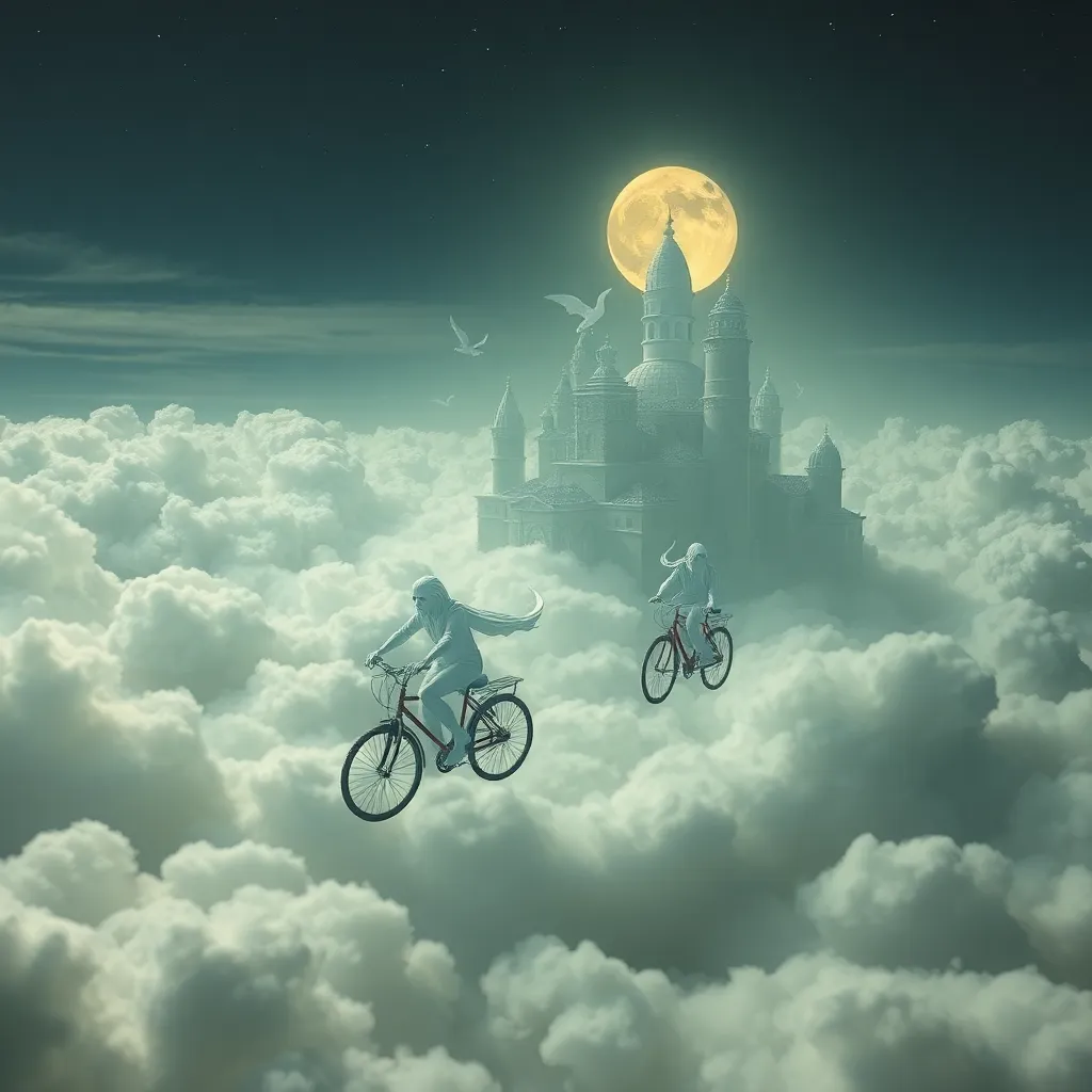 Two cyclists riding on clouds towards a castle in the sky under a large moon.