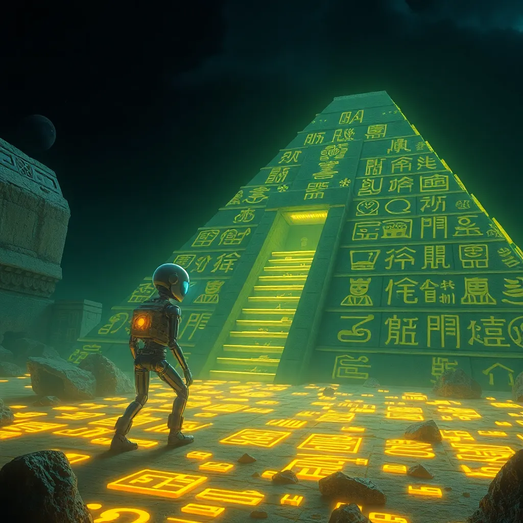 Person standing inside a glowing green pyramid with yellow light patterns.