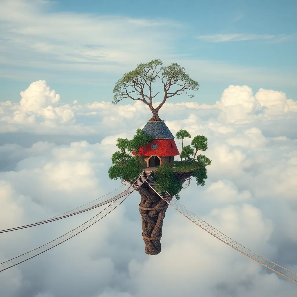 Treehouse on a floating island in the sky, connected by a rope bridge.