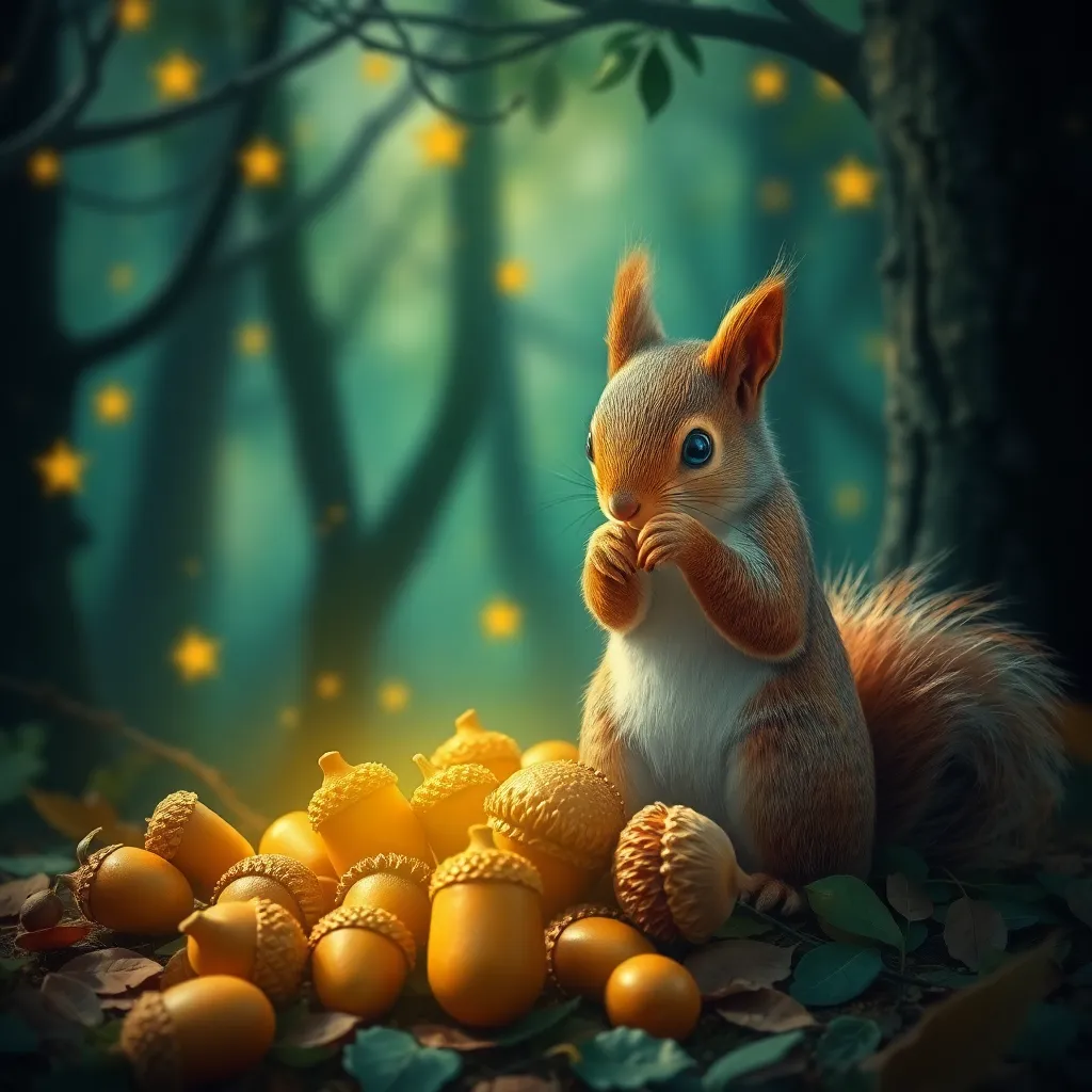 Squirrel sitting among glowing nuts in a dark forest.