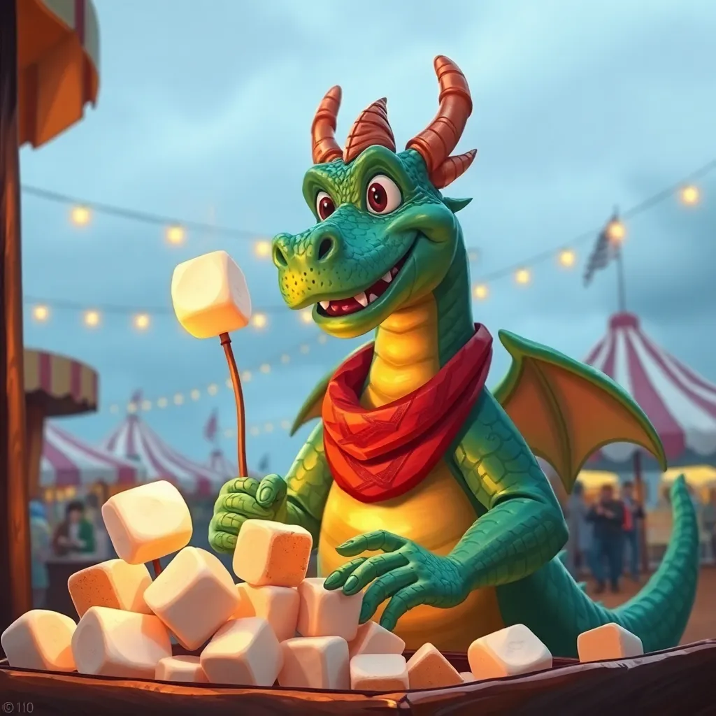 Green dragon with red horns and a scarf holding marshmallows.