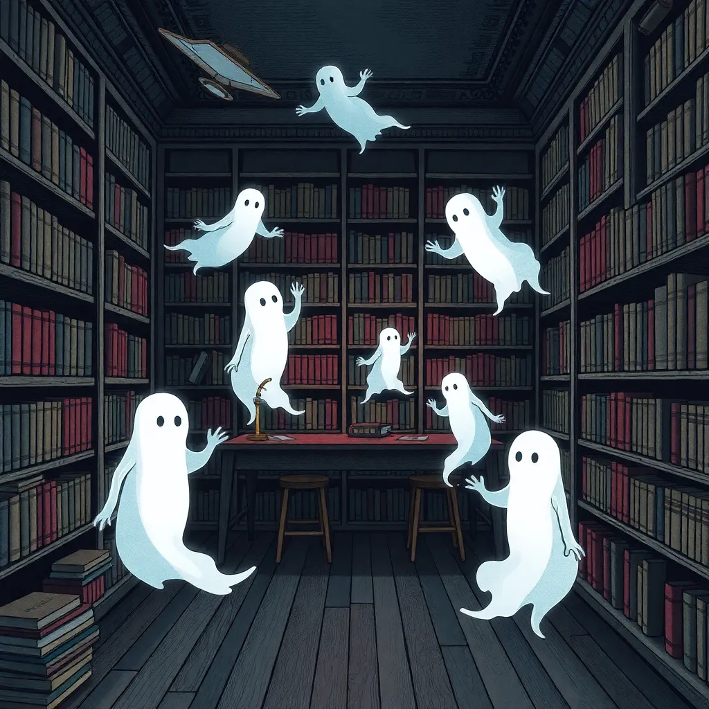 White ghostly figures floating among bookshelves in a library.